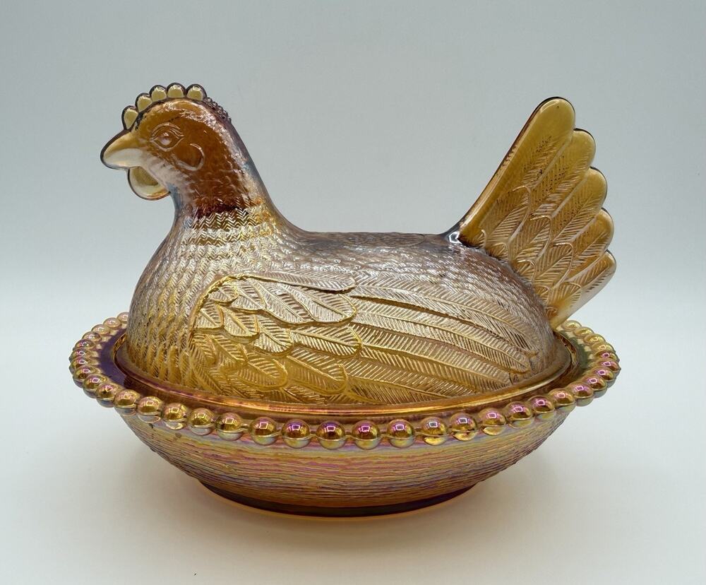 Indiana Glass Hen on a Nest 7” Candy Dish Iridescent Amber Golden Carnival VNTG
